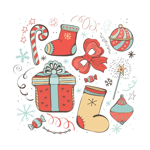 Ensemble d'icônes de Noël et du Nouvel An. Bonbons, cadeaux, flocons de neige, bottes, arc, jouets de Noël, serpentine, guirlande. Illustration en couleur dans un style vintage. Belle caniche . — Image vectorielle