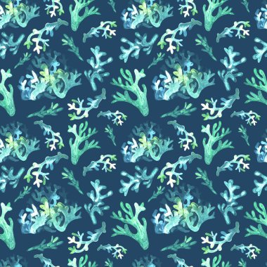 Dikişsiz orman çim suluboya arka plan. Orman otları, yosun, çim enkazı. El boyaması illüstrasyon. Ambalaj, kumaş, tekstil için zarif tasarım