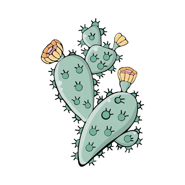 Cactus con flores amarillas en vector. Opuntia. Ilustración hecha a mano. Objetos aislados sobre fondo blanco. Colorear. Doodle. ingenuo estilo de los niños . — Vector de stock