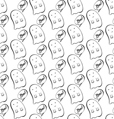 Karikatür sevimli Doodle el Halloween sorunsuz desen çizilmiş. Komik hayaletler Boo der. Eğlenceli Halloween dekorasyon için vektör arka plan tasarımı. Naif, çocukça çizim tarzı. Paketleme için,