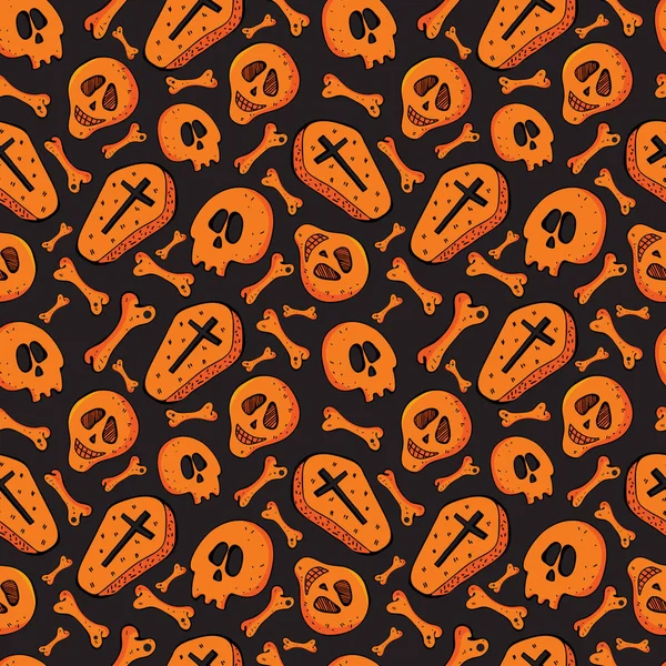 Seamless skull, bone and coffin pattern on black background in vector. Orange skeleton background. Bright design for textiles, paper, Wallpaper, packaging. Festive decoration Halloween — Stock Vector