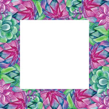 Suluboya suluboya ve kaktüs öğeleri ile elle çizilmiş çerçeve, tasarım, baskı veya davet kartı için Canlı suluboya arka plan. Sosyal ağlar ve web tasarımı için Kare afiş. Egzotik