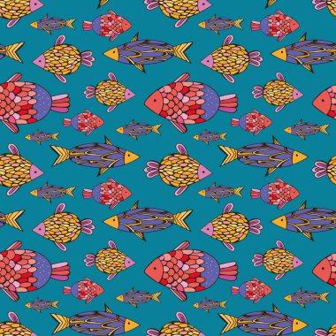 Sevimli karikatür renkli balık Dikişsiz desen. Elle çizilmiş deniz hayvanlarını karalar. Çocuk geçmişi. Kumaş, bebek giysileri, arka plan, tekstil, ambalaj kağıdı ve diğer dekorasyon için.