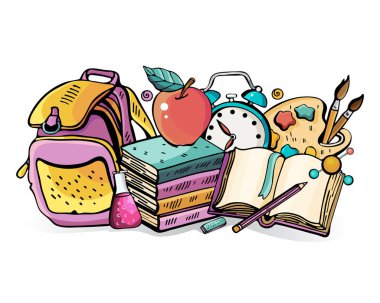 Vektör okula geri döndü. Renkli vektör el çizilmiş Doodle karikatür temalı elemanları, nesneleri ve semboller seti. Renkli illüstrasyon.