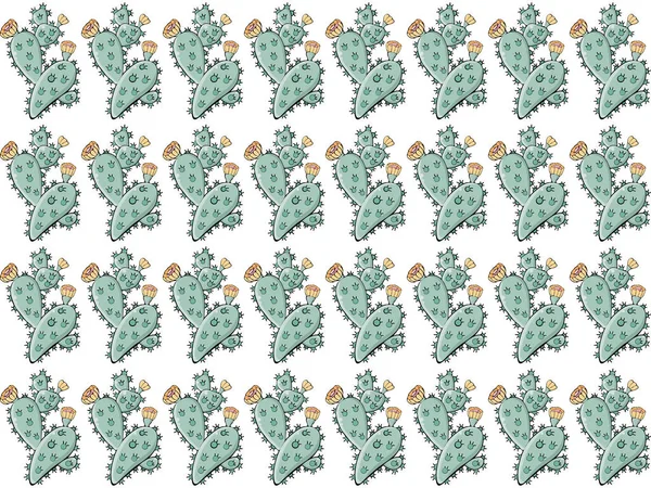 Seamless colored background in hand drawn cactus with flowers and spikes. Isolated vector object. Exotic Prickly Pear. Cacti ornament. Handmade cute baby style. For wrapping paper, textiles, — Stock Vector