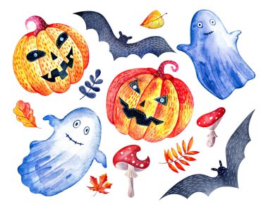 Beyaz arka plan üzerinde mutlu Halloween suluboya seti. Izole el komik ve sevimli karakterler, kabak, Hayalet, yarasa, agaric, sonbahar yaprakları sinek çizilmiş. Festival sonbahar tema tasarımı. Etiket için tasarım