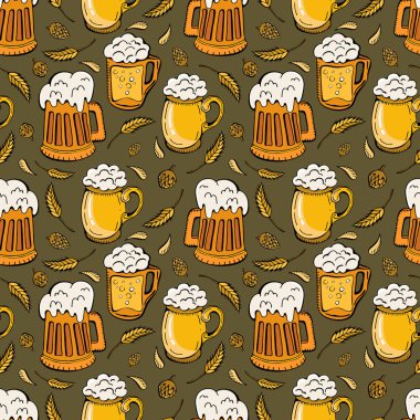Bira simgeleri, buğday kulakları, sorunsuz arka plan hops. Oktoberfest karikatür sevimli Doodle elle çizilmiş. Renkli ayrıntılar, arka plan nesneleri çok. Sonsuz komik