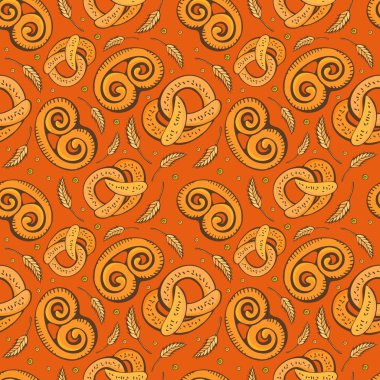 Pretzel simgeleri ile Vektör gıda fırın dikişsiz desen. Lezzetli simit arka plan. Şekerleme dükkanından un ürünleri. Baskı için Illüstrasyon, web. Orijinal tasarım öğesi. Pişirme Doodle