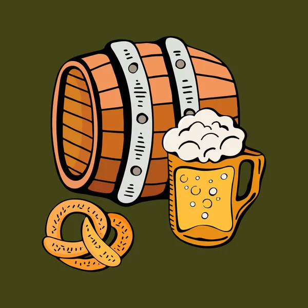 Cerveja vetor definido mão desenho. Um barril de cerveja, uma caneca de cerveja e um pretzel. Objetos isolados são adequados para menus, folhetos, banners. Tema festivo, Oktoberfest , — Vetor de Stock