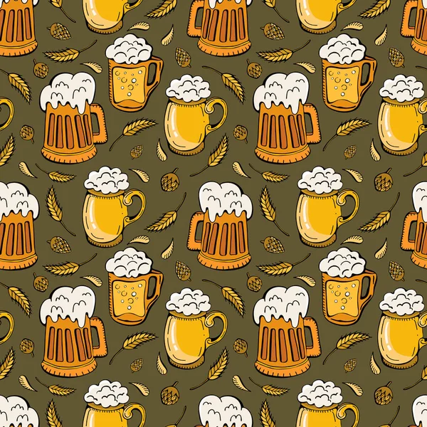 Ícones de cerveja, orelhas de trigo, lúpulo fundo sem costura. Oktoberfest desenho animado bonito Doodle desenhado à mão. Detalhes coloridos, com muitos objetos de fundo. Endless engraçado — Vetor de Stock