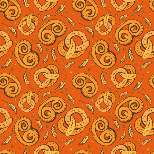 Pretzel simgeleri ile Vektör gıda fırın dikişsiz desen. Lezzetli simit arka plan. Şekerleme dükkanından un ürünleri. Baskı için Illüstrasyon, web. Orijinal tasarım öğesi. Pişirme Doodle