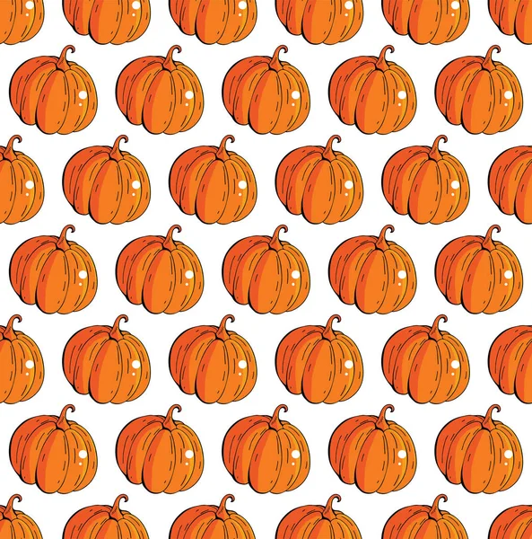 Kürbisgemüse nahtlose Muster mit Vektor-orangen Kürbissen. frisches vegetarisches Essen, Bauerngemüse, Halloween und Erntedank-Design. Handgezeichneter Hintergrund Herbsternte. — Stockvektor