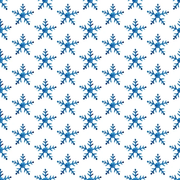 Padrão sem costura aquarela inverno com flocos de neve, pintados à mão artística textura azul no fundo branco. Aquarela mão desenhado fundo floco de neve. Para tecidos, estampas, têxteis , — Fotografia de Stock