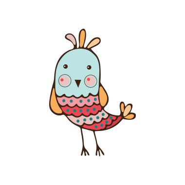 Küçük komik sevimli kuş onun önünde görünüyor. Karikatür karakter nesne simgesi beyaz arka plan, vektör illüstrasyon izole. Doodle. Elle çizilmiş.