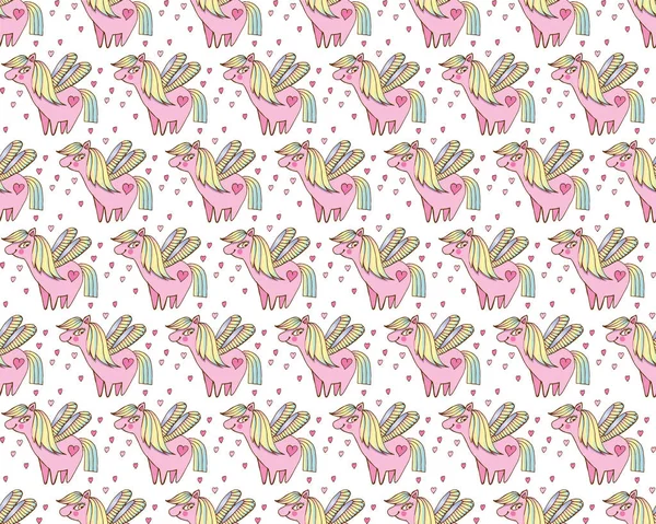 Children's seamless pattern. Cute, happy pink ponies among hearts on white background in vector. Fairy pony child. Mythical pony for children. Beautiful background for textiles, paper, — Stock Vector