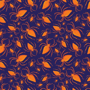 Örümcek Cadılar Bayramı sorunsuz desen. Cadılar Bayramı geçmişi. Tekstil veya ambalaj kağıdı. Böceklerle vektör arka plan. Elle çizilmiş. Tasarım, tekstil, kumaş, dekorasyon için