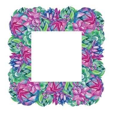 Suluboya suluboya ve kaktüs öğeleri ile elle çizilmiş çerçeve, tasarım, baskı veya davet kartı için Canlı suluboya arka plan. Sosyal ağlar ve web tasarımı için Kare afiş. Egzotik