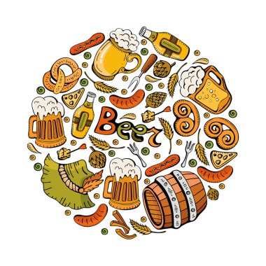 Karikatür doodlebir fest illüstrasyon. Renkli, ayrıntılı, nesnelerin arka plan çok. Parlak renkler Oktoberfest komik yuvarlak