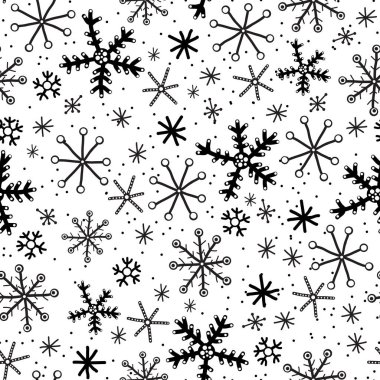 Kar tanesi ile vektör Noel tatili sorunsuz arka plan. Sevimli Komik sorunsuz kış kar arka plan. Siyah beyaz, tek renkli dekorasyon çizgisi.