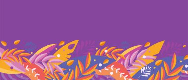 Sonbaharın yatay afişi mor bir arka plan üzerinde bırakır. Naif, sevimli, sade bir tarz. Çiçek elemanları ile vektör illüstrasyon. Tasarım, baskı, davet kartı, sosyal ağlar için parlak arka plan