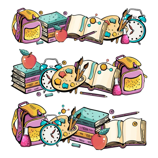 Yatay afişi okula geri ayarlayın. Sevimli tarzda Vektör renkli illüstrasyon. Tematik öğeler, nesneler ve semboller el çizilmiş Doodle karikatür seti. Çok sayıda koleksiyon