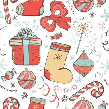 Mutlu Yeni yıl ve Noel için birçok simgeleri ile Sevimli vektör sorunsuz desen. Hediye ile Tatil arka plan, Noel topları, hediye kutusu, kar taneleri, şeker, Lolipop, dekorasyon,
