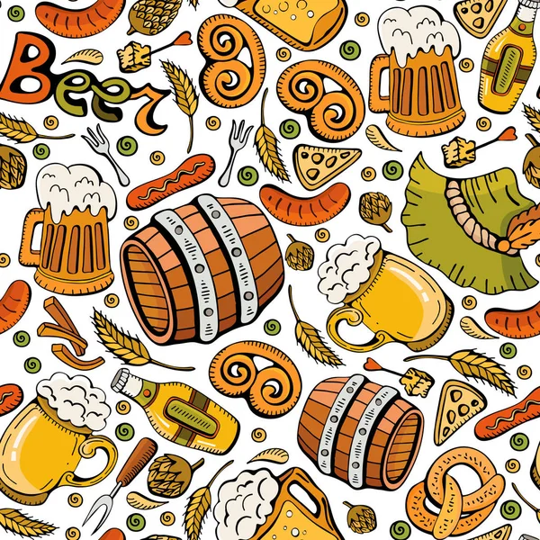 Cartoon cute Doodle hand menarik Oktoberfest pola mulus. Ikon bir. Detail berwarna, dengan banyak objek latar belakang. Ilustrasi vektor yang sangat lucu. Latar belakang terang dengan simbol bir - Stok Vektor