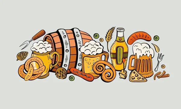 Κινούμενα σχέδια χαριτωμένο πολύχρωμο διάνυσμα χέρι τράβηξε σχέδιο μπύρας γιορτή της εταιρικής ταυτότητας. Λουκάνικο, μπύρα, βαρέλι, κουλούρι, λυκίσκος, λουκάνικο. Πολλά θέματα για το θέμα της μπύρας. οριζόντια πανό — Διανυσματικό Αρχείο