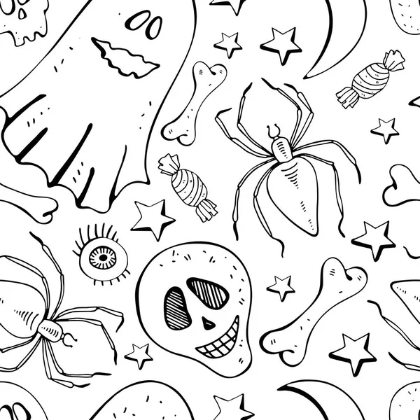 Fundo sem emenda em osso vetor, crânio, aranha, fantasma, estrela, olho. Linha de fundo preto e branco. Desenho desenhado à mão para têxteis, papel, papel de parede, embalagem. Estilo doodle . — Vetor de Stock