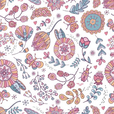 Dikişsiz desen çiçekler, çimen, kelebek, vektör böcek. Boho tarzı. Sevimli, elle çizilmiş, çocuklar için arka plan tema tasarımı, tatil, tebrik, düğün. Rustik, naif süs.