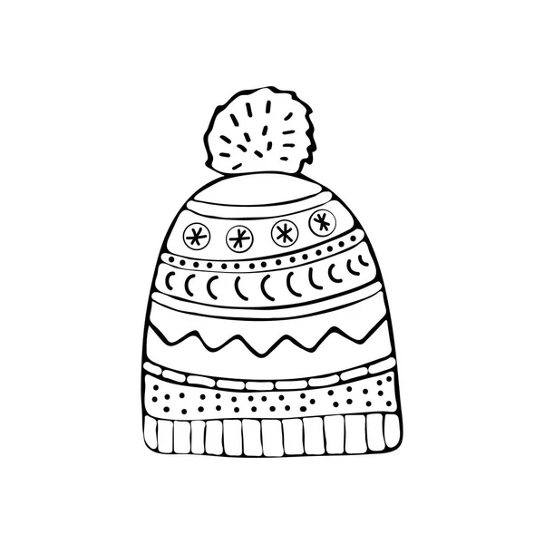 Bright Winter Stickad mössa med Pompon, skiss stil vektor illustrationer isolerade på vit bakgrund. Handritad ull mössa med en stor fluffigt Pompom, tillbehör — Stock vektor