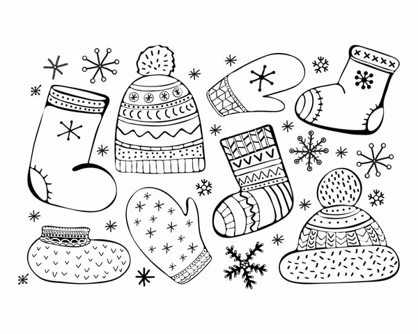 Ensemble d'accessoires d'illustration vectorielle de dessin animé. Icônes d'hiver. Chaussettes, une casquette avec un pompon, mitaines, valenki, chaussures. Des vêtements d'hiver. Ensemble noir et blanc dessiné à la main . — Image vectorielle