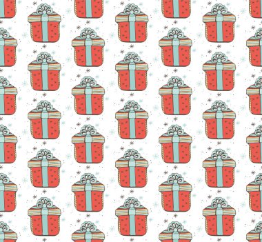 Vektör dikişsiz desen. Bir sürü hediye kutusu. Elle çizilmiş Doodle. Yeni yıl, Noel veya doğum günü konsepti. Baskı, kumaş, kartpostal, duvar kağıdı, sosyal medya gönderileri, reklam için.