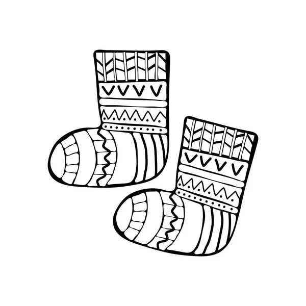 Warme, gestrickte Socken in vektorgezogener Linie. Winterkleidung. Handgezeichnetes monochromes Set, schwarz-weiß Set. isoliertes Objekt auf weißem Hintergrund. — Stockvektor