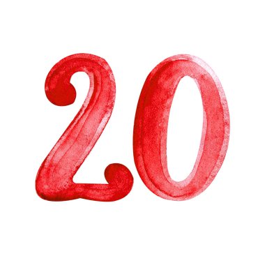 Suluboya illüstrasyon 20 kırmızı beyaz arka plan üzerinde izole. Şekil 20. Satış, fiyat etiketi. Alfabe.