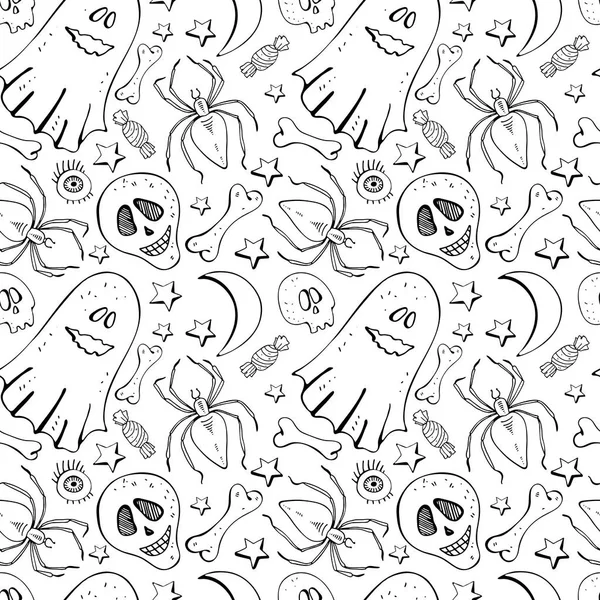 Seamless background in vector bone, skull, spider, Ghost, star, eye. Black and white background line. Hand drawn design for textile, paper, Wallpaper, packaging. Doodle style. — Stock Vector