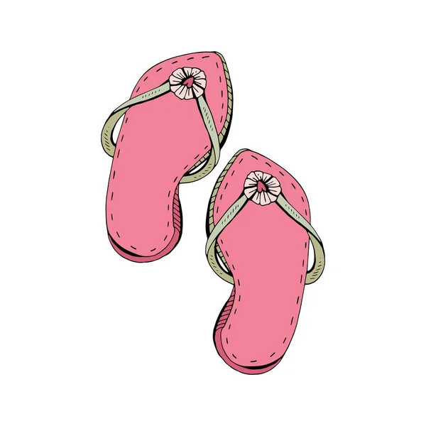 Damenschuhe für den Strand in rosa und mit tropischer Blume. Vektorobjekt auf weißem Hintergrund. Jahrgang. Isoliert. Handzeichnung. Sommerschuhe, Flip-Flops für den Strand. — Stockvektor