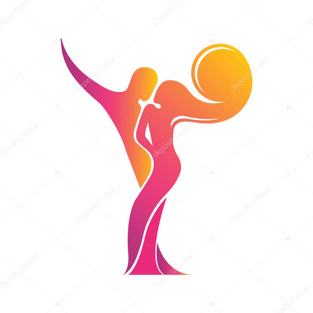 Colored silhouette of a dancing couple in the vector. Logo for dance Studio in bright color, orange, pink, yellow, red. Latino, ballroom dancing. Label, sign, sticker.