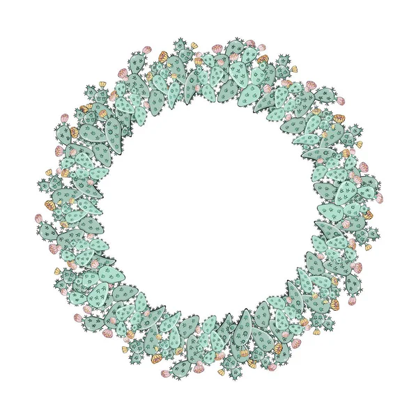 Corona vectorial redonda o marco de cactus con flores sobre fondo blanco. Lugar para texto o saludos . — Archivo Imágenes Vectoriales