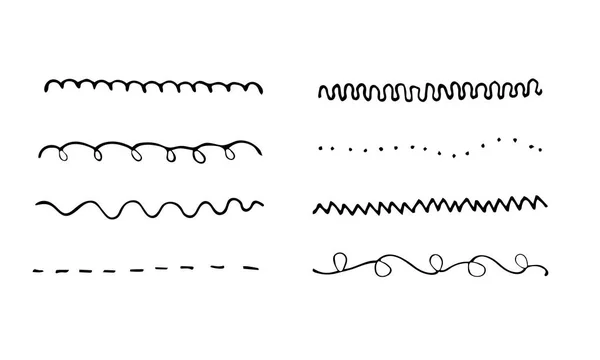 Set de pinceles de pluma artística. Golpes grunge dibujados a mano. Ilustración vectorial. Doodle líneas, curvas y bordes vector. Dibujo de efecto lápiz aislado — Vector de stock