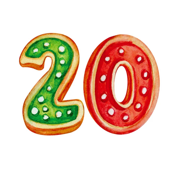 Акварельна ілюстрація рисунок 20 червоний і зелений ізольований на білому фоні. Різдвяне печиво у вигляді цифр. Продажу, цінник. Алфавіт. — стокове фото