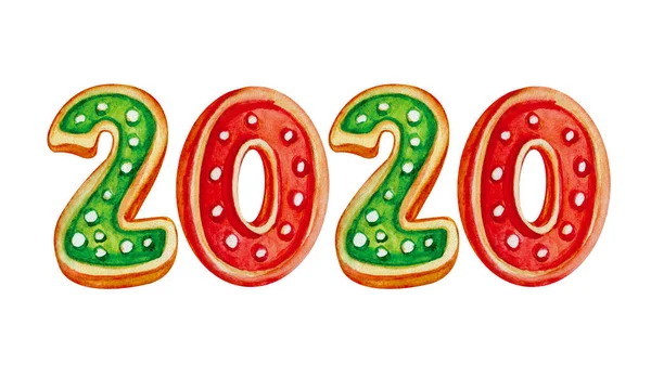 Логотип 2020 З Новим роком та Різдвом у акварелі. Червоні і зелені числа. Печиво з кольоровою глазур'ю. Акварельна ілюстрація. Ізольовані — стокове фото