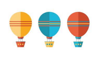 Düz tarzda simgeler kümesi. Sarı, mavi ve kırmızı hava balonu, aerostat. Hava taşımacılığı ile seyahat. Yalıtılmış nesneler
