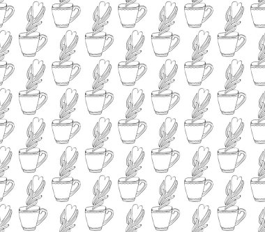 Beyaz arka plan üzerinde sıcak kalp ile Dikişsiz vektör desen kahve veya çay bardağı. Vintage el siyah ve beyaz çizgi çizilmiş. Sevimli karalamalar. Kahve mola fayans arka plan. Menü için Çizim,