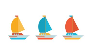 Düz bir vektördeki simgeler kümesi. Sarı, mavi ve kırmızı yat, tekne, yelkenli. Deniz taşımacılığı ile seyahat. Yalıtılmış nesneler
