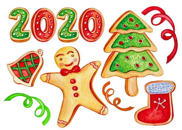 Набір різдвяних і новорічних ікон аквареллю. Пряники людина, Різдвяна ялинка, дзвоник, завантаження, серпантин, логотип 2020, номери. Кольорова ілюстрація різдвяних печива. Ізольовані — стокове фото