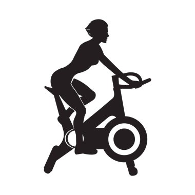 Kız sabit egzersiz bisiklet egzersiz yapıyor. Beyaz arka planda siyah siluet. Fitness yapan kızlarla spor salonuvektör arka plan. Eğitim bisikletindeki kadınlar. Sağlıklı konsept ve sağlıklı yaşam tarzı.