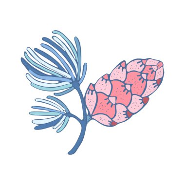 Beyaz arka plan üzerinde izole vektör çam konisi. Sevimli bir vintage tarzı el çizilmiş illüstrasyon. Noel tasarım dekorasyon için Eleman.