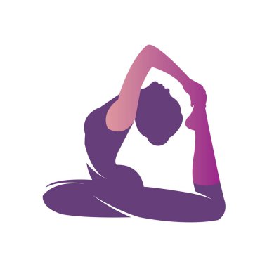 Yoga yapan güzel kadın. Kız bir güvercin yoga poz yapmak. Asana Eka Pada Rajakapotasana. Degrade düz tarzda genç kız ile Spor vektör illüstrasyon.