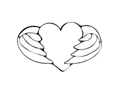Vektörkanatları olan kalp. Siyah ve beyaz illüstrasyon el çizilmiş çizgi. Sevimli Doodle boyama. Kanatlı kalpler karikatür tarzı. Beyaz arka planda yalıtılmış nesne. Vektör simgesi